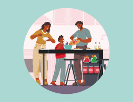 An illustration of a family cooking together.